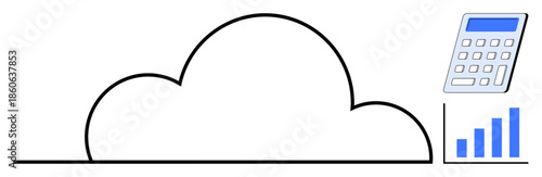 Cloud computing, data analysis, financial management, technology trends, business solutions, investment tools. A cloud, a calculator and a bar graph are featured. Cloud computing and data analysis