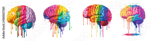Four colorful brains with dripping paint effects are showcased in a row on transparent background
