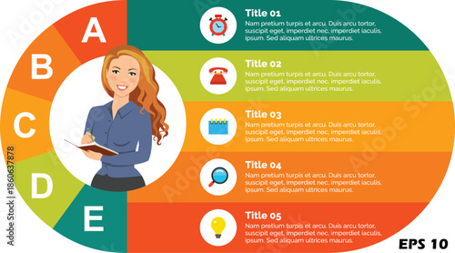 5 Step Business Infographic with Cartoon Character. Professional Woman Secretary Illustration with Lettered Options A to E, Icons, and Text Placeholders for Workflow and Task Management