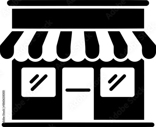 Small storefront structure graphic showing a striped awning over the entrance and two front display windows symbolizing retail trade.