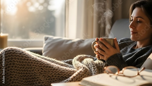 Woman enjoying a hot cup of coffee while relaxing by the window