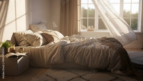 Cozy bedroom with sunlight streaming through the window and curtains blowing