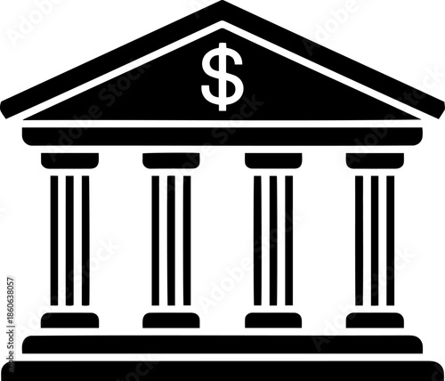 Classical bank facade featuring four large Doric columns supporting a pediment marked with a prominent dollar sign symbol indicating financial services.
