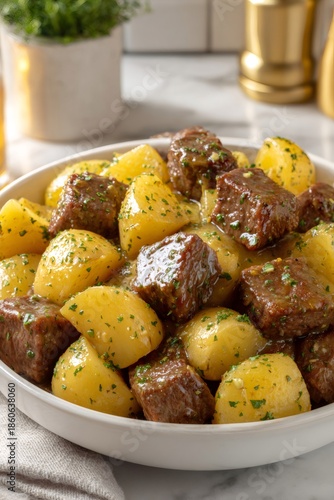 Beef steak bites and potatoes with garlic butter sauce, classic comfort food prepared for dinner