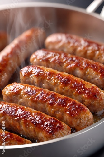 Cooking sausages in a pan, sizzling and browning for breakfast or a hearty meal, steam rising from the hot meat