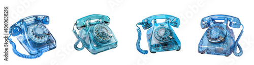 Four views of a translucent blue rotary telephone design element perfect for digital art on transparent background