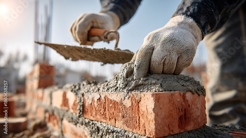 Wallpaper Mural bricklayer's gloved hands, in white and light gray work gloves, carefully applying fresh, gray mortar onto a row of newly laid reddish clay bricks. Torontodigital.ca