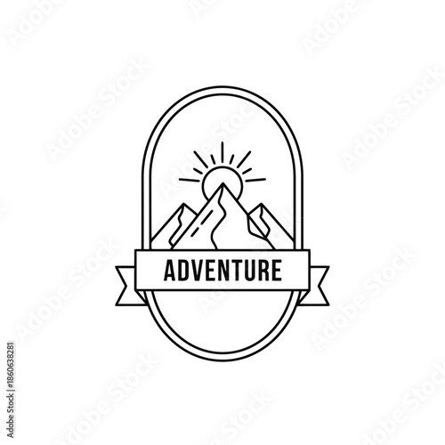 Mountain Peak Sunrise Emblem with Adventure Banner Outdoor Exploration Symbol