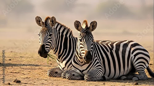 Two serene zebras are resting comfortably on the dusty african savanna, captured in a close-up horizontal wildlife photography shot under warm golden light.
