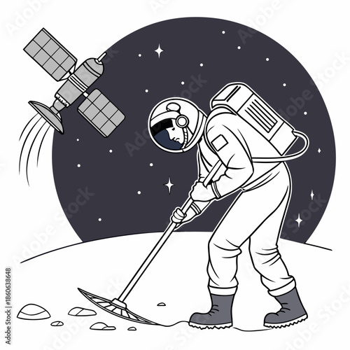 Astronaut sweeping moon surface