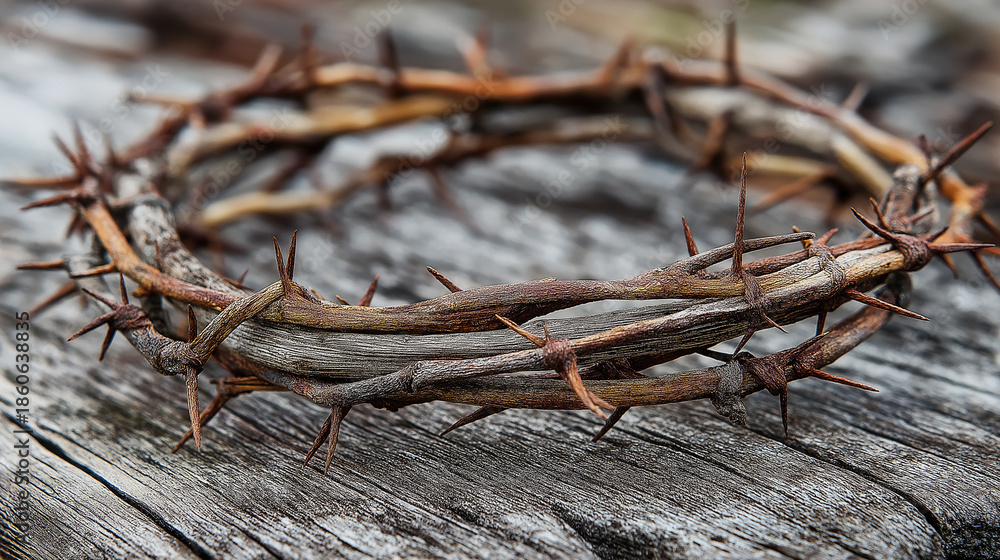 Fototapeta premium Crown of Thorns Made from Barbed Twigs on Rustic Wooden Surface, Symbol of Suffering, Sacrifice, Faith and Christian Easter Concept