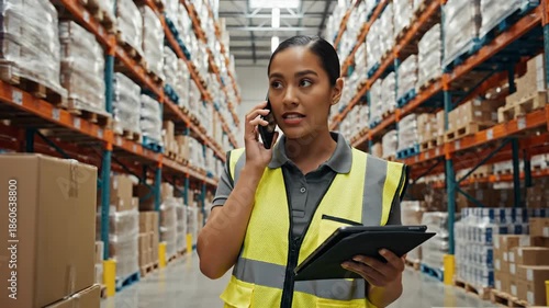 Warehouse worker talking on phone holding tablet inspecting inventory