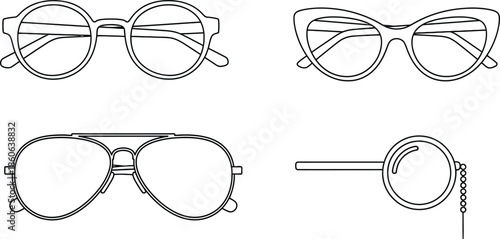 Line art vector set of 5 Glasses frames round spectacles cat eye glasses aviator sunglasses and monocle