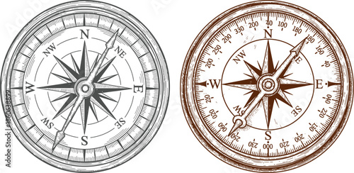 Two compass illustrations one grey and one sepia on black background Keywords: compass, navigation