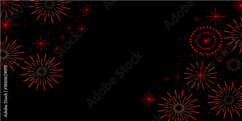 Festive red fireworks bursts and sparkles on a dark black background for celebration