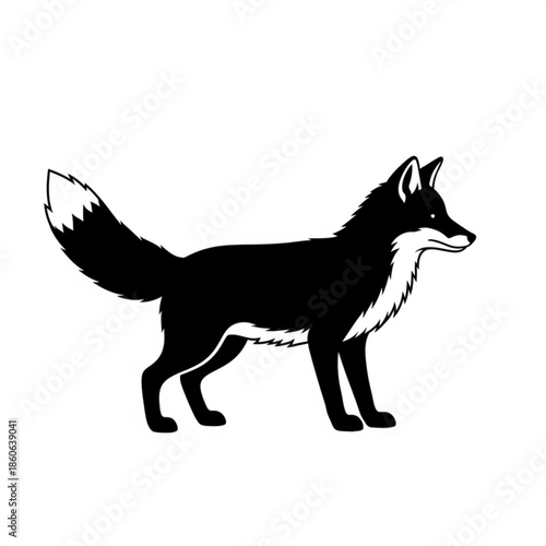 Black and white illustration of a fox standing