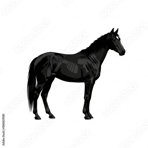 Black horse silhouette with skeletal structure visible standing in profile view
