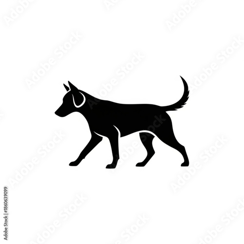 Black silhouette of a dog walking on a with its tail up