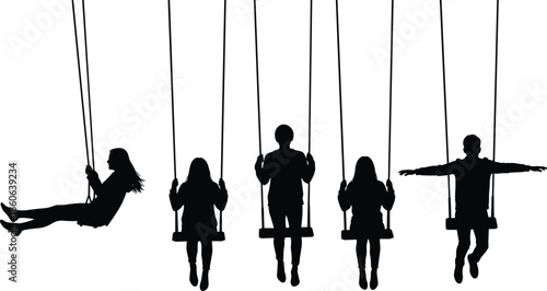 Children silhouettes swinging together, playful childhood freedom concept, joy and friendship, outdoor leisure activity illustration isolated on white background design
