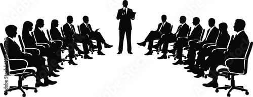 Business presentation silhouettes showing executive speaker addressing team, corporate meeting, leadership communication and professional conference concept illustration isolated on white background