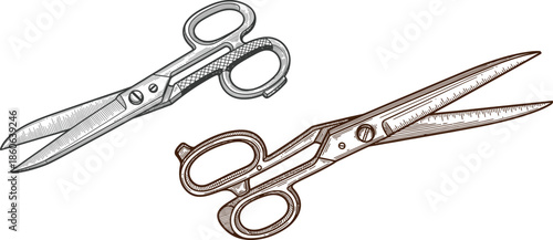 Two Scissors Gray And Brown Engraved Style On Black Background cutting tool