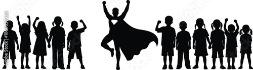 Children silhouettes with superhero figure symbolizing inspiration, confidence and imagination, leadership and empowerment concept illustration isolated on white background