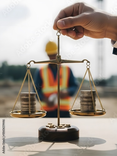 Hand holding scales of justice with stacks of coins on a blurred construction site background.