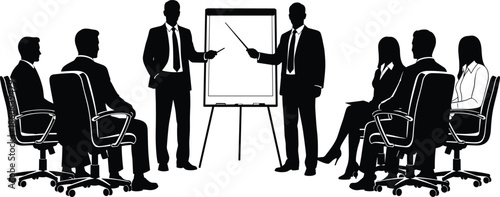 Business meeting silhouettes with presentation and discussion, corporate teamwork strategy briefing and professional training concept illustration isolated on white background