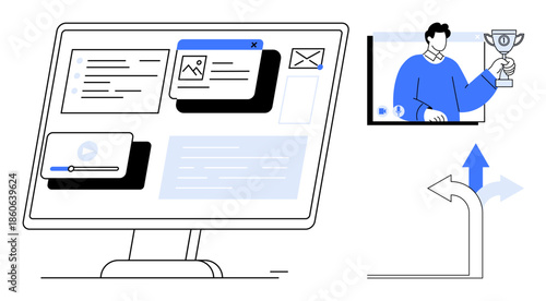 Computer screen with notifications, multimedia content, video call with a person holding a trophy, and a directional arrow hinting at decisions or navigation. Ideal for technology, teamwork, online