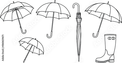 Outline illustration set of 6 Umbrella states open umbrella closed umbrella beach parasol and rain boot