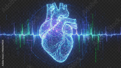 Glowing blue heart with electrocardiogram lines on dark background with vibrant colors and futuristic style