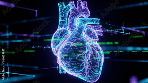 A futuristic neonlit digital illustration of a human heart with intricate blue and purple circuitry lines on a dark background with green and blue digital data lines