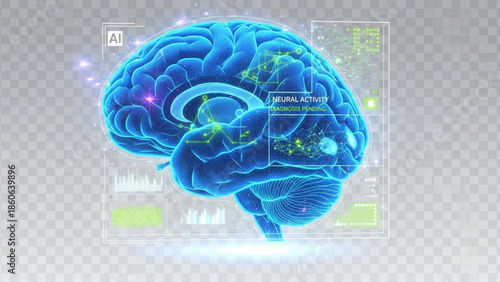 A futuristic blue brain with neon lights and a transparent background with a grey and white checkered pattern