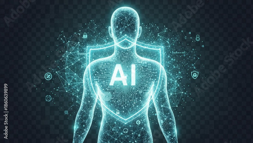 Futuristic glowing humanoid figure with ai text on chest in neon blue lines and dots on dark background with sparkling particles