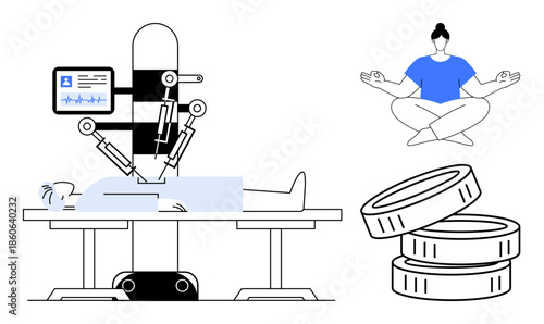 Healthcare, technology, personal well-being, financial management, future innovation, mindfulness. A robot performing surgery, a meditating person and stacked coins. Technology and mindfulness in