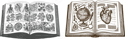 Vintage Open Books With Anatomical and Scientific Illustrations antique