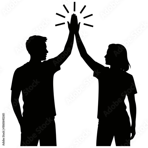 Two people silhouette giving high five gesture showing teamwork success and celebration concept on white background