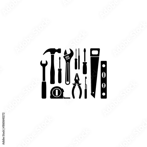 “collection of 12 hand tools silhouettes hammer, wrench, screwdriver, saw, black fill, vector