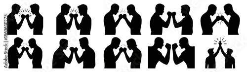 Collection of Silhouette Icons Representing Two Men Arm Wrestling and Fist Bumping Concept