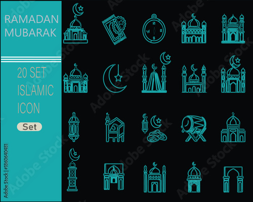 Ramadan themed icon set with islamic symbols on transparent background silhouette