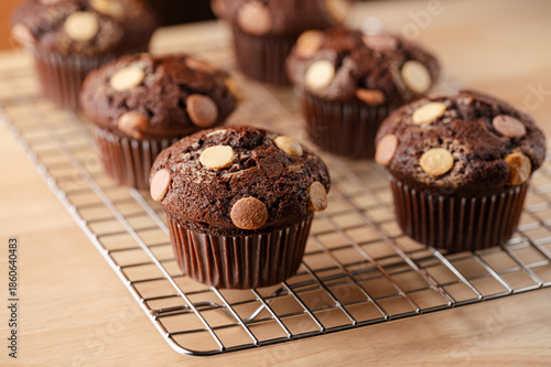 Chocolate muffins with white and milk chocolate chips on wooden table. Selective focus. Home baking concept, recipe.