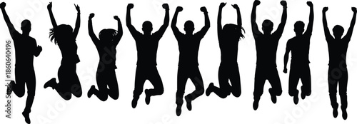 Jumping people silhouettes celebrating success, joy and teamwork, energetic group victory moment, freedom and happiness concept illustration isolated on white background