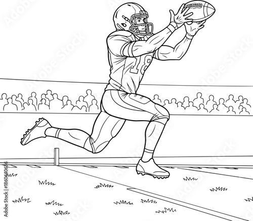 American Football Player Catching a Pass on a Field with Spectators in the Background