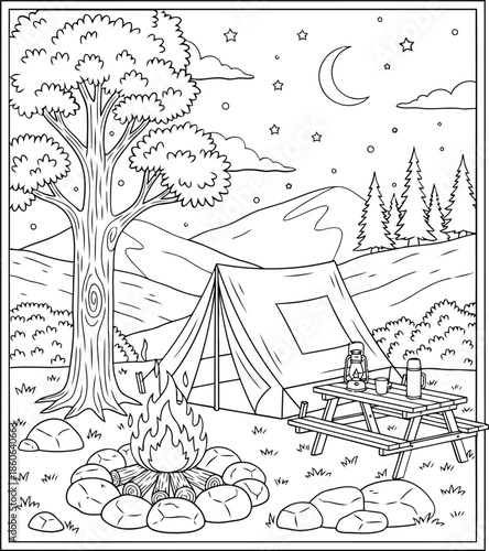 Night camping scene coloring page with a cozy tent, warm campfire, and picnic table under a starry sky, crescent moon, mountains, and trees