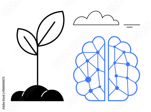 Sustainability concept. Sustainability illustrated with plant growth and neural network to depict AIs support in eco-friendly innovations. Sustainability, nature, and technology connection. Ideal