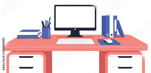 Modern office workspace illustration with computer desk, books and stationery, clean minimalist workplace setup for business, remote work and productivity concept