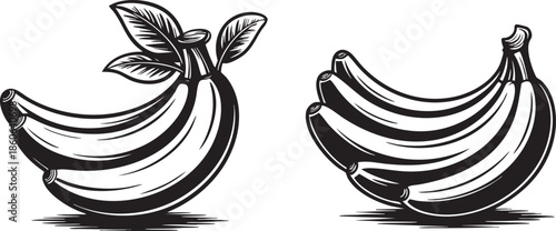 black and white illustration of two bananas with leaves on transparent background