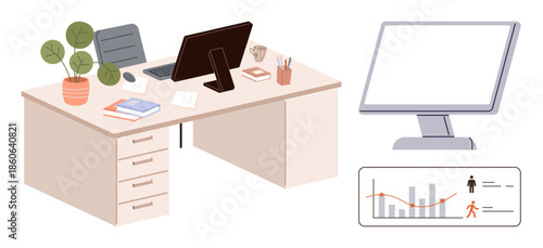 Office setup with dual monitors, desk accessories, stationery, and files. Digital dashboard shows data analysis elements. Ideal for productivity, business, organization, remote work analytics