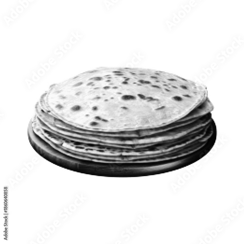 Stack of pancakes in halftone style. Black and white retro illustration of breakfast food. Vintage graphic concept for cafe menu, cooking, bakery or brunch design isolated on white background.