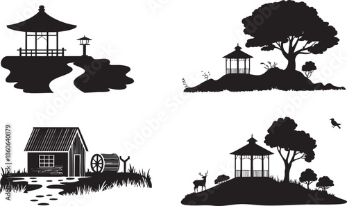 black and white silhouettes of gazebos and houses in natural scenery